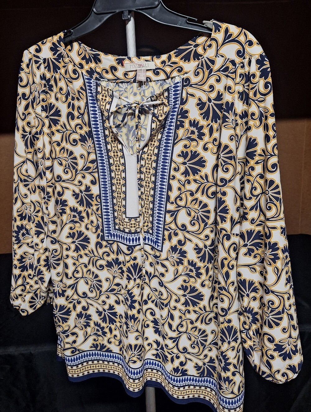 Roz & Ali Boho Floral Medallion Peasant Blouse Tunic Tie Neck. 3X